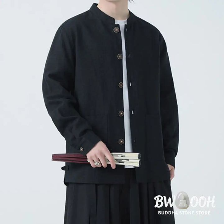 Buddha Stones Men’s Button Ramie Linen Cotton Fleece Lined Jacket Shirt With Pockets - Men’s Jacket Shirt
