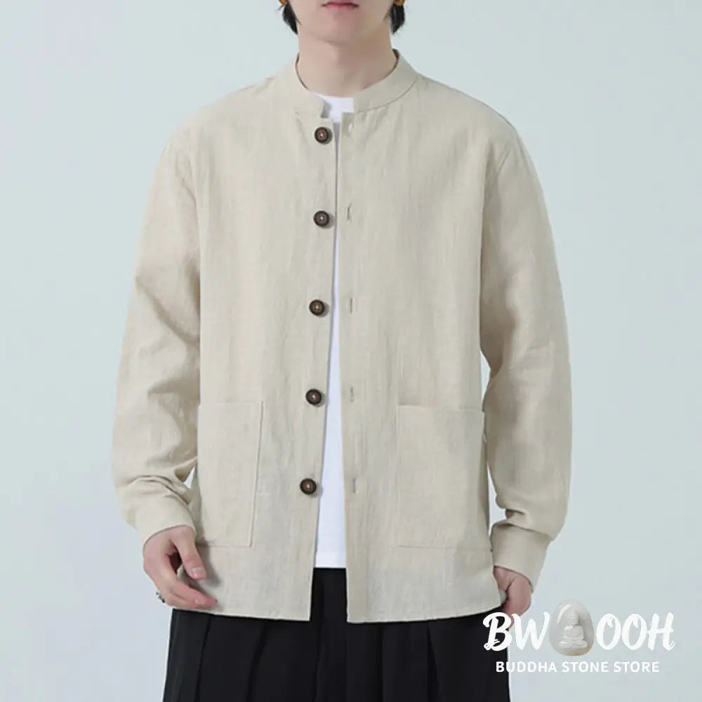 Buddha Stones Men’s Button Ramie Linen Cotton Fleece Lined Jacket Shirt With Pockets - Men’s Jacket Shirt