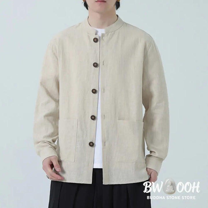 Buddha Stones Men’s Button Ramie Linen Cotton Fleece Lined Jacket Shirt With Pockets - Men’s Jacket Shirt