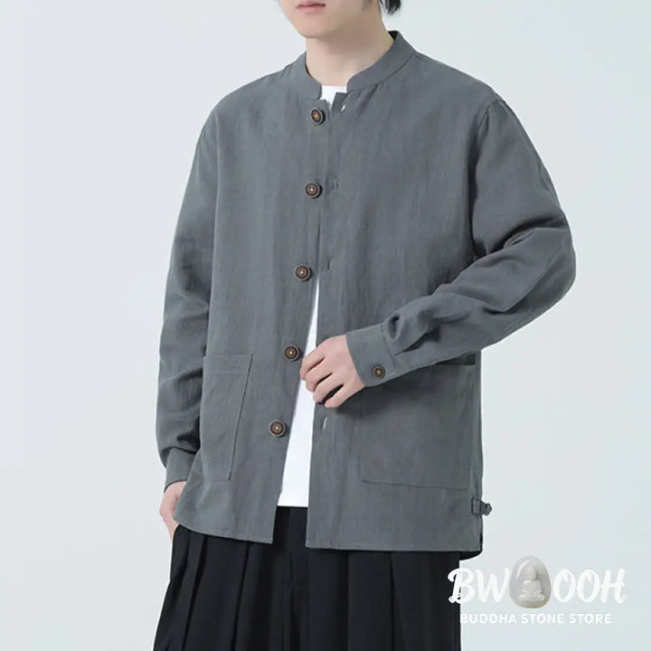 Buddha Stones Men’s Button Ramie Linen Cotton Fleece Lined Jacket Shirt With Pockets - Men’s Jacket Shirt