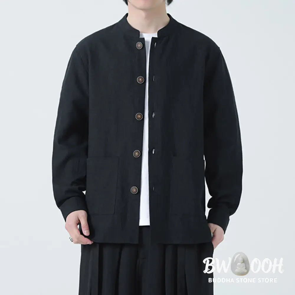 Buddha Stones Men’s Button Ramie Linen Cotton Fleece Lined Jacket Shirt With Pockets - Men’s Jacket Shirt
