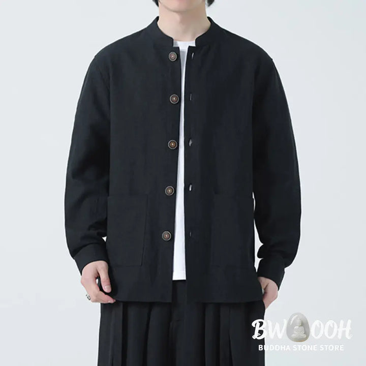 Buddha Stones Men’s Button Ramie Linen Cotton Fleece Lined Jacket Shirt With Pockets - Men’s Jacket Shirt