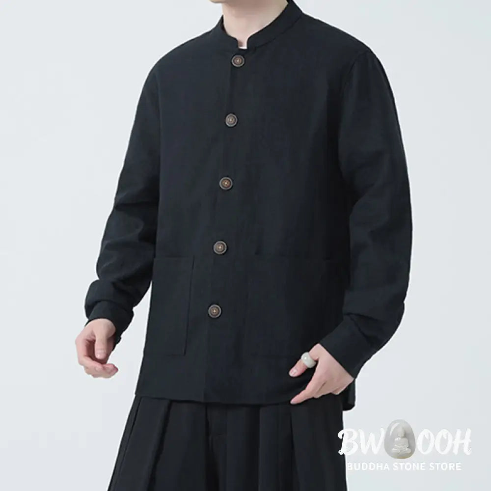 Buddha Stones Men’s Button Ramie Linen Cotton Fleece Lined Jacket Shirt With Pockets - Men’s Jacket Shirt