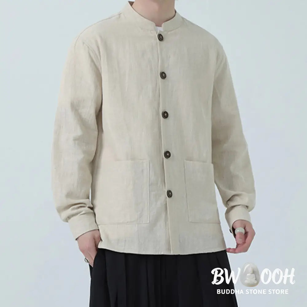 Buddha Stones Men’s Button Ramie Linen Cotton Fleece Lined Jacket Shirt With Pockets - Men’s Jacket Shirt