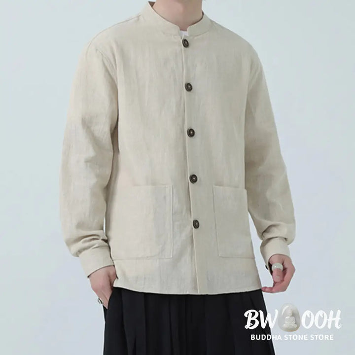 Buddha Stones Men’s Button Ramie Linen Cotton Fleece Lined Jacket Shirt With Pockets - Men’s Jacket Shirt