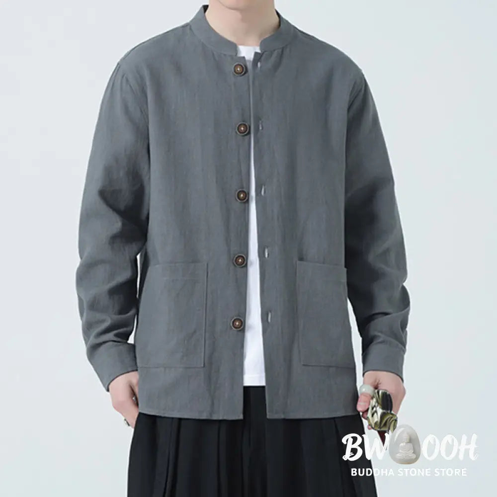 Buddha Stones Men’s Button Ramie Linen Cotton Fleece Lined Jacket Shirt With Pockets - Men’s Jacket Shirt