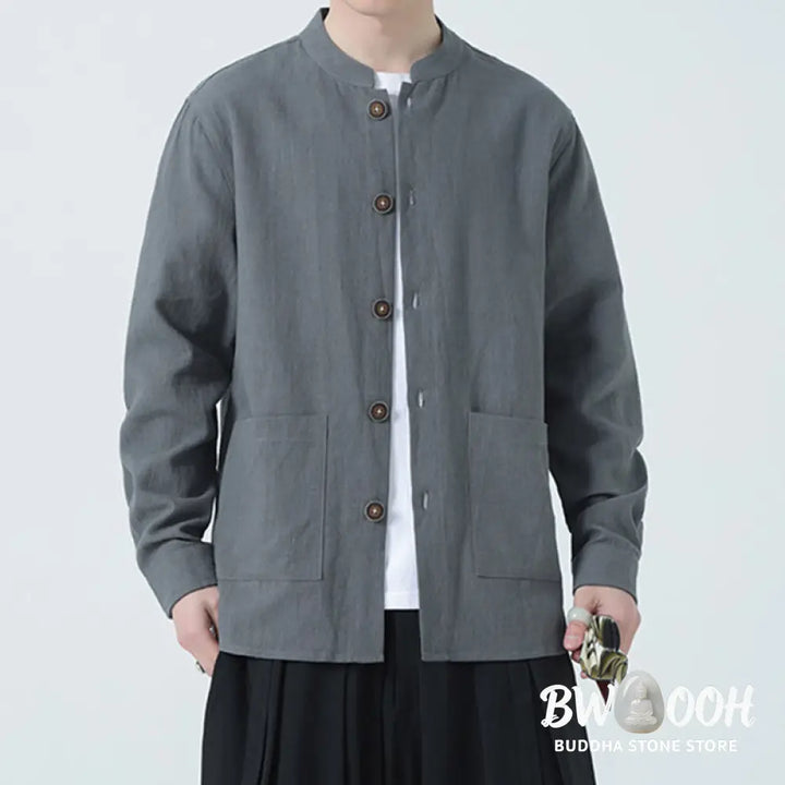 Buddha Stones Men’s Button Ramie Linen Cotton Fleece Lined Jacket Shirt With Pockets - Men’s Jacket Shirt