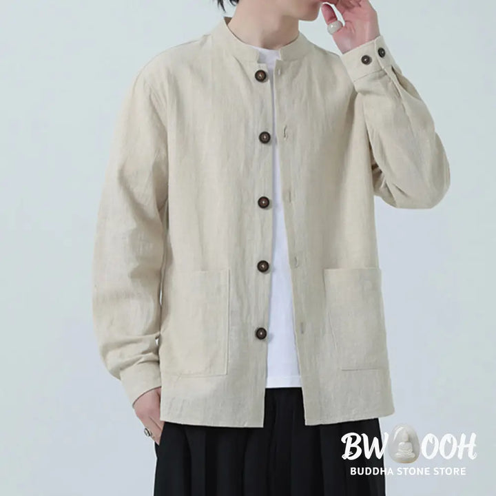 Buddha Stones Men’s Button Ramie Linen Cotton Fleece Lined Jacket Shirt With Pockets - Men’s Jacket Shirt