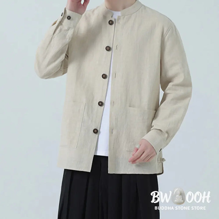 Buddha Stones Men’s Button Ramie Linen Cotton Fleece Lined Jacket Shirt With Pockets - Men’s Jacket Shirt