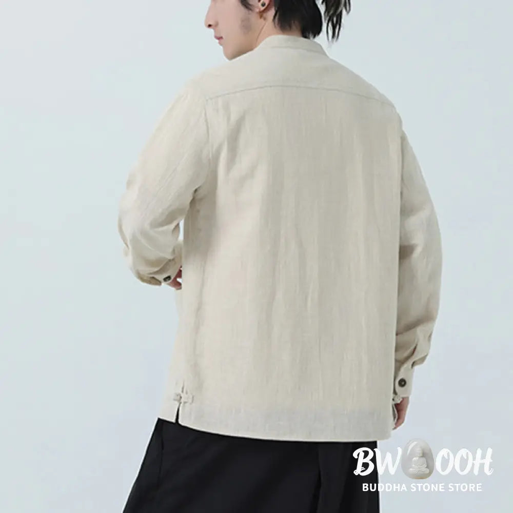 Buddha Stones Men’s Button Ramie Linen Cotton Fleece Lined Jacket Shirt With Pockets - Men’s Jacket Shirt