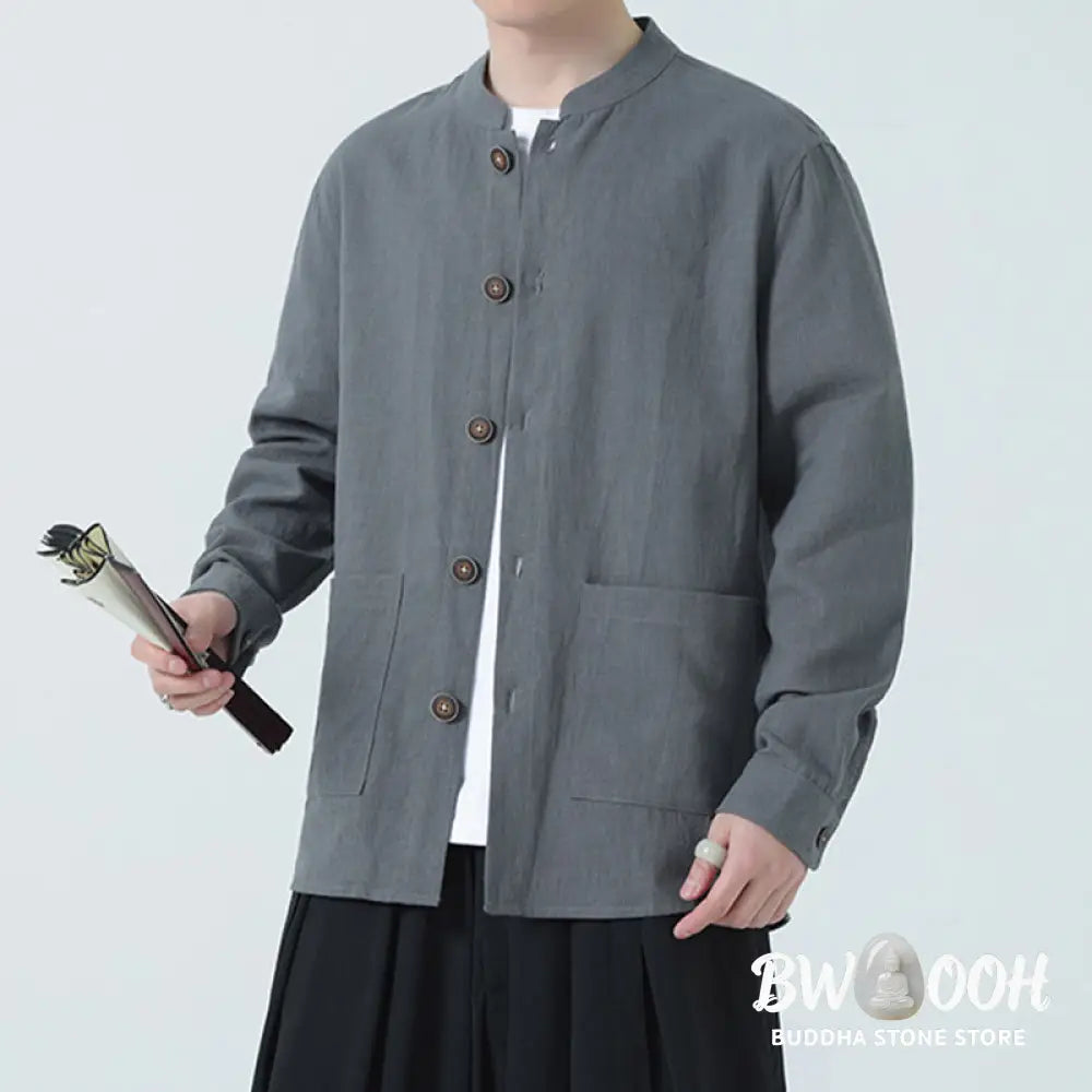Buddha Stones Men’s Button Ramie Linen Cotton Fleece Lined Jacket Shirt With Pockets - Men’s Jacket Shirt