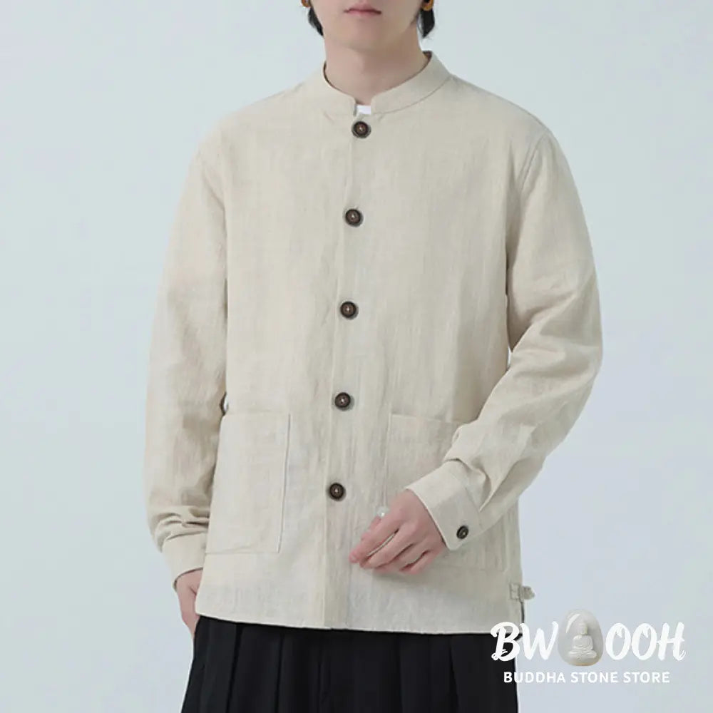 Buddha Stones Men’s Button Ramie Linen Cotton Fleece Lined Jacket Shirt With Pockets - Men’s Jacket Shirt