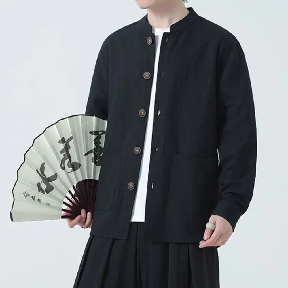 Buddha Stones Men’s Button Ramie Linen Cotton Fleece Lined Jacket Shirt With Pockets - Black / US/UK/AU38，EU48 (XL)