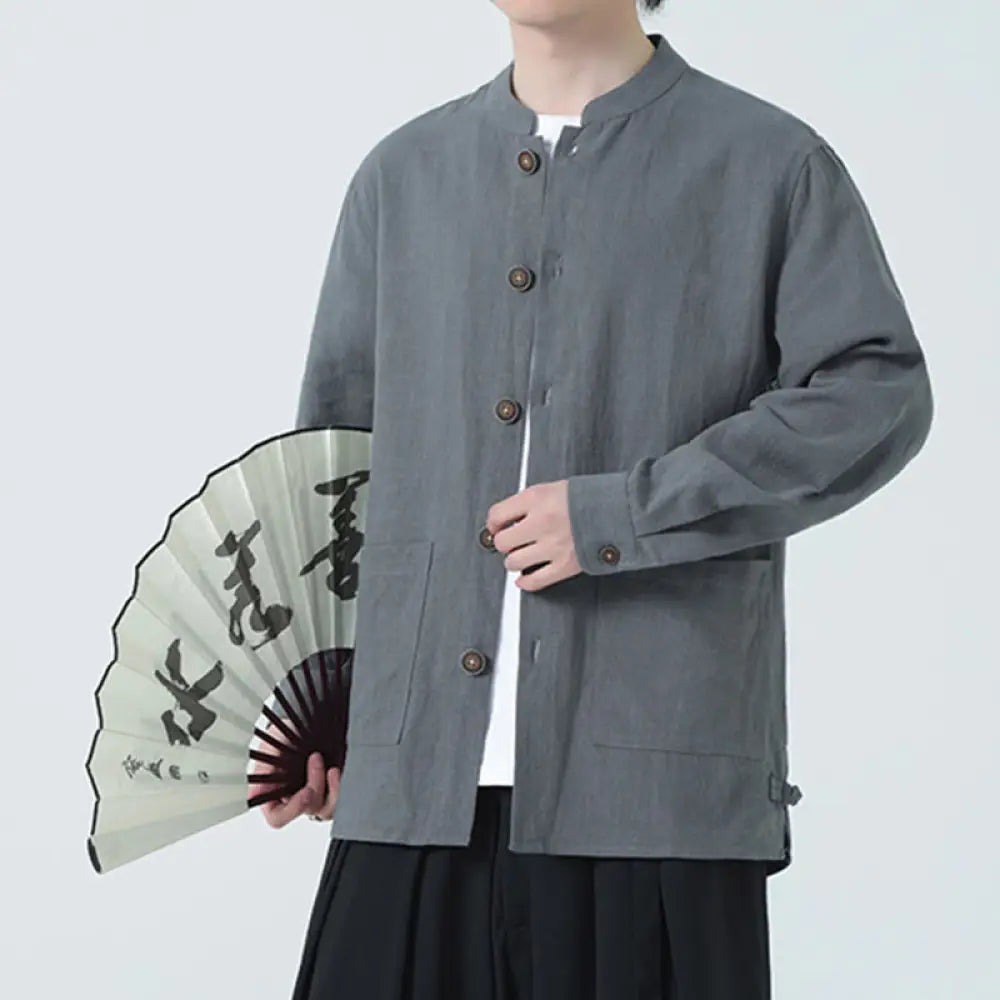 Buddha Stones Men’s Button Ramie Linen Cotton Fleece Lined Jacket Shirt With Pockets - Gray / US/UK/AU38，EU48 (XL)