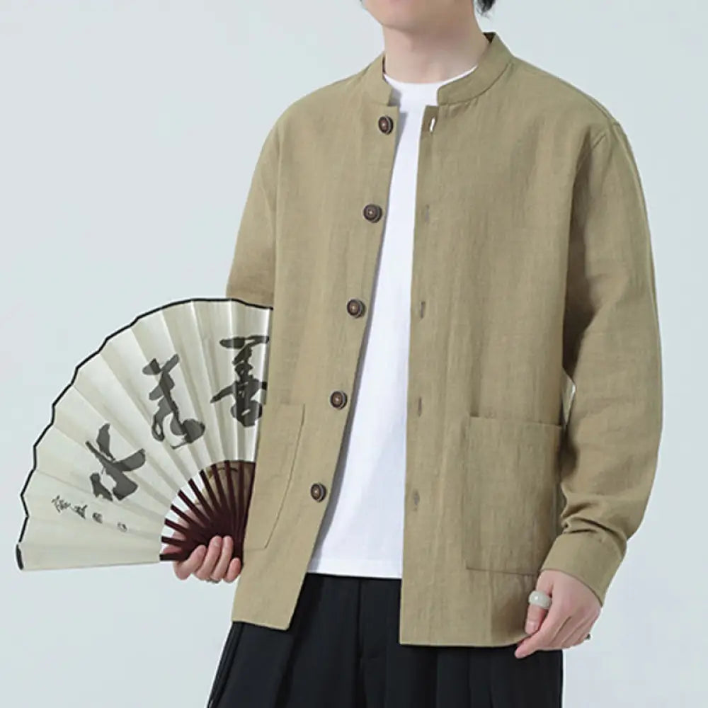 Buddha Stones Men’s Button Ramie Linen Cotton Fleece Lined Jacket Shirt With Pockets - PaleGoldenrod / US/UK/AU38，EU48
