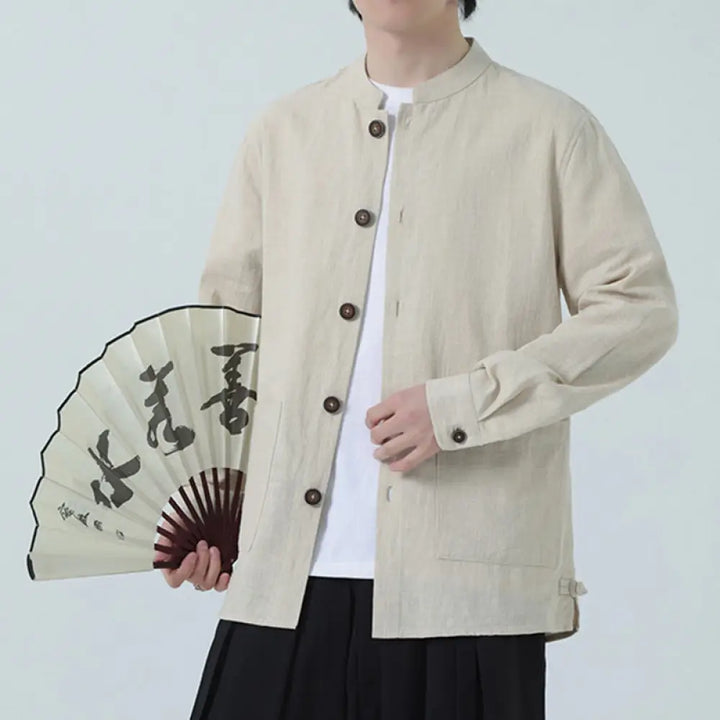 Buddha Stones Men’s Button Ramie Linen Cotton Fleece Lined Jacket Shirt With Pockets - Linen / US/UK/AU38，EU48 (XL)