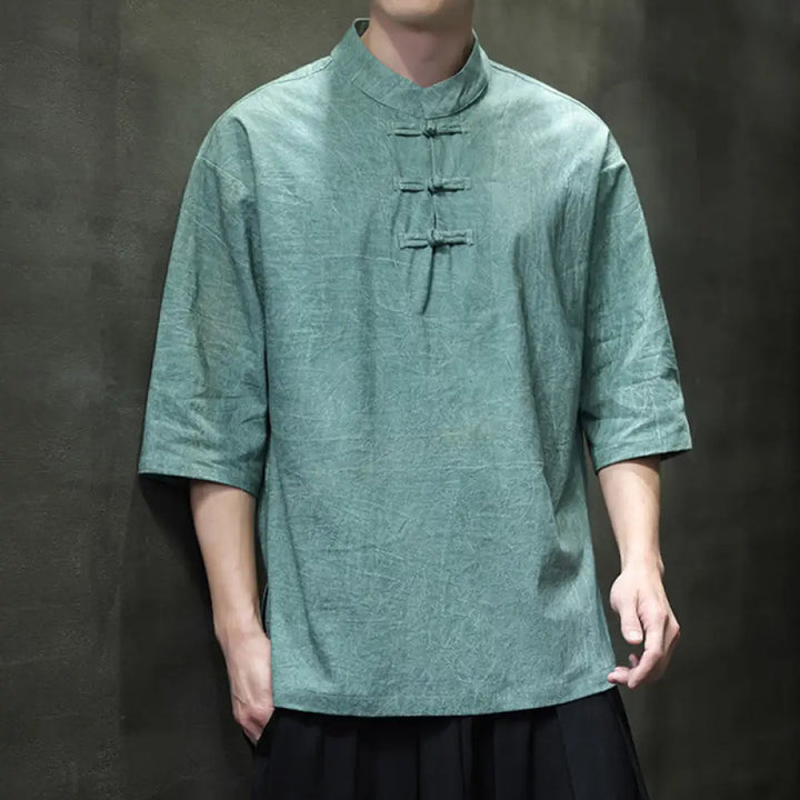 Buddha Stones Men’s Chinese Frog-Button Tang Suit Half Sleeve Cotton Linen Shirt - MediumAquamarine / US/UK/AU34，EU44