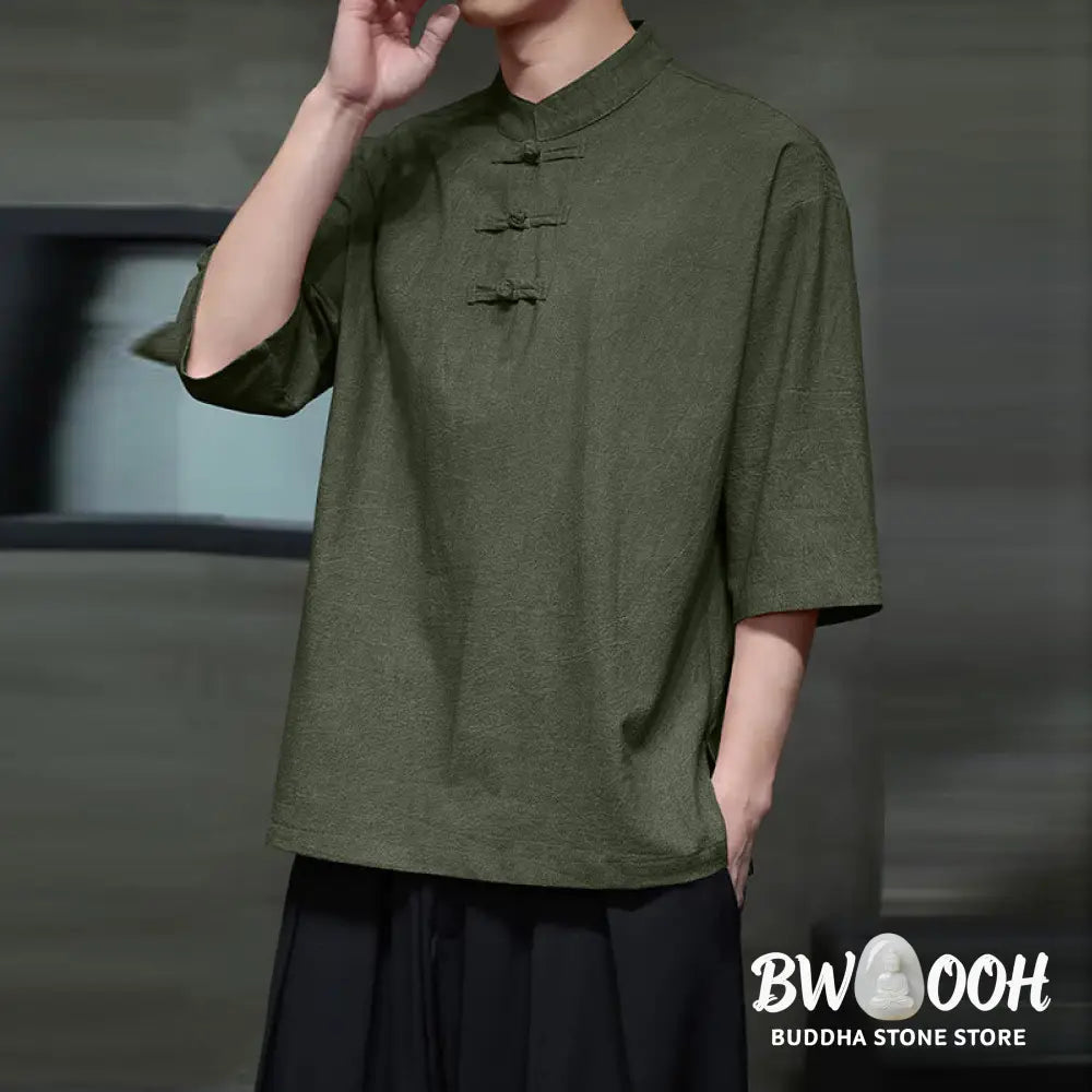 Buddha Stones Men’s Chinese Frog-Button Tang Suit Half Sleeve Cotton Linen Shirt - Men’s Shirts