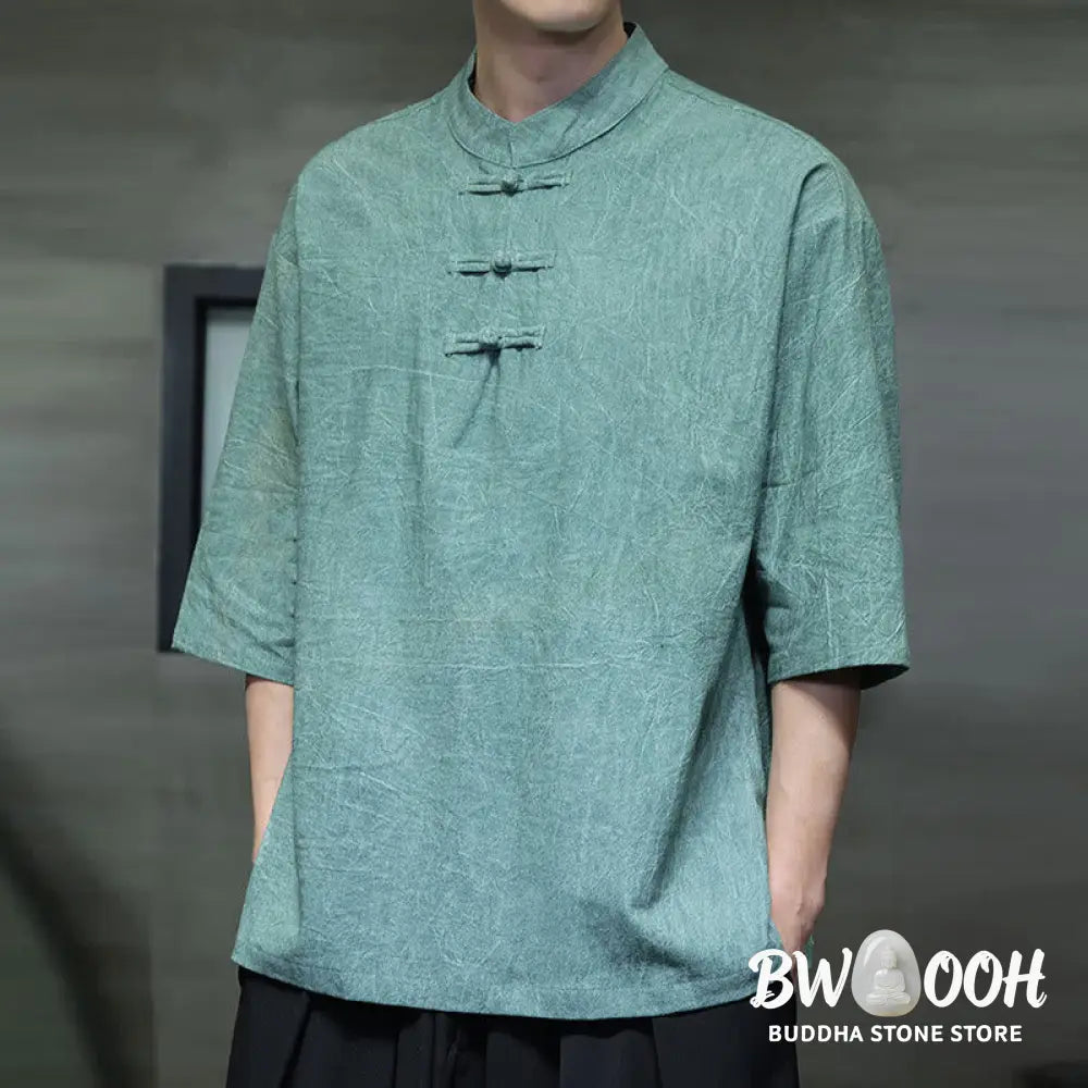 Buddha Stones Men’s Chinese Frog-Button Tang Suit Half Sleeve Cotton Linen Shirt - Men’s Shirts