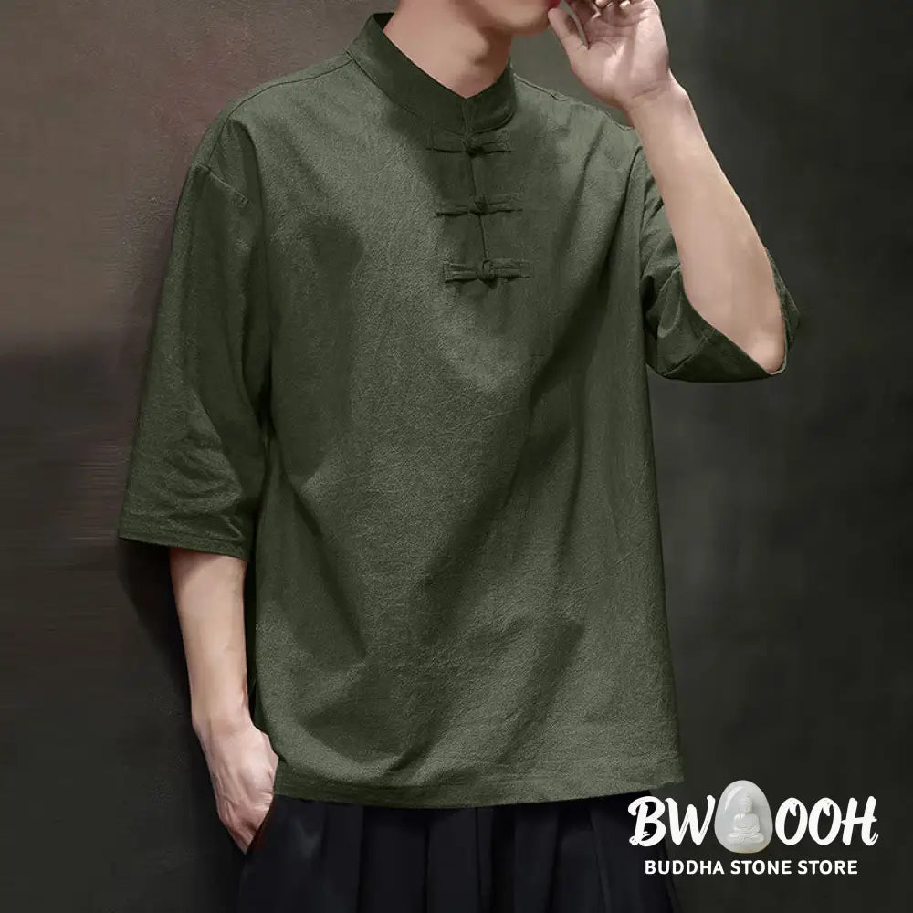 Buddha Stones Men’s Chinese Frog-Button Tang Suit Half Sleeve Cotton Linen Shirt - Men’s Shirts