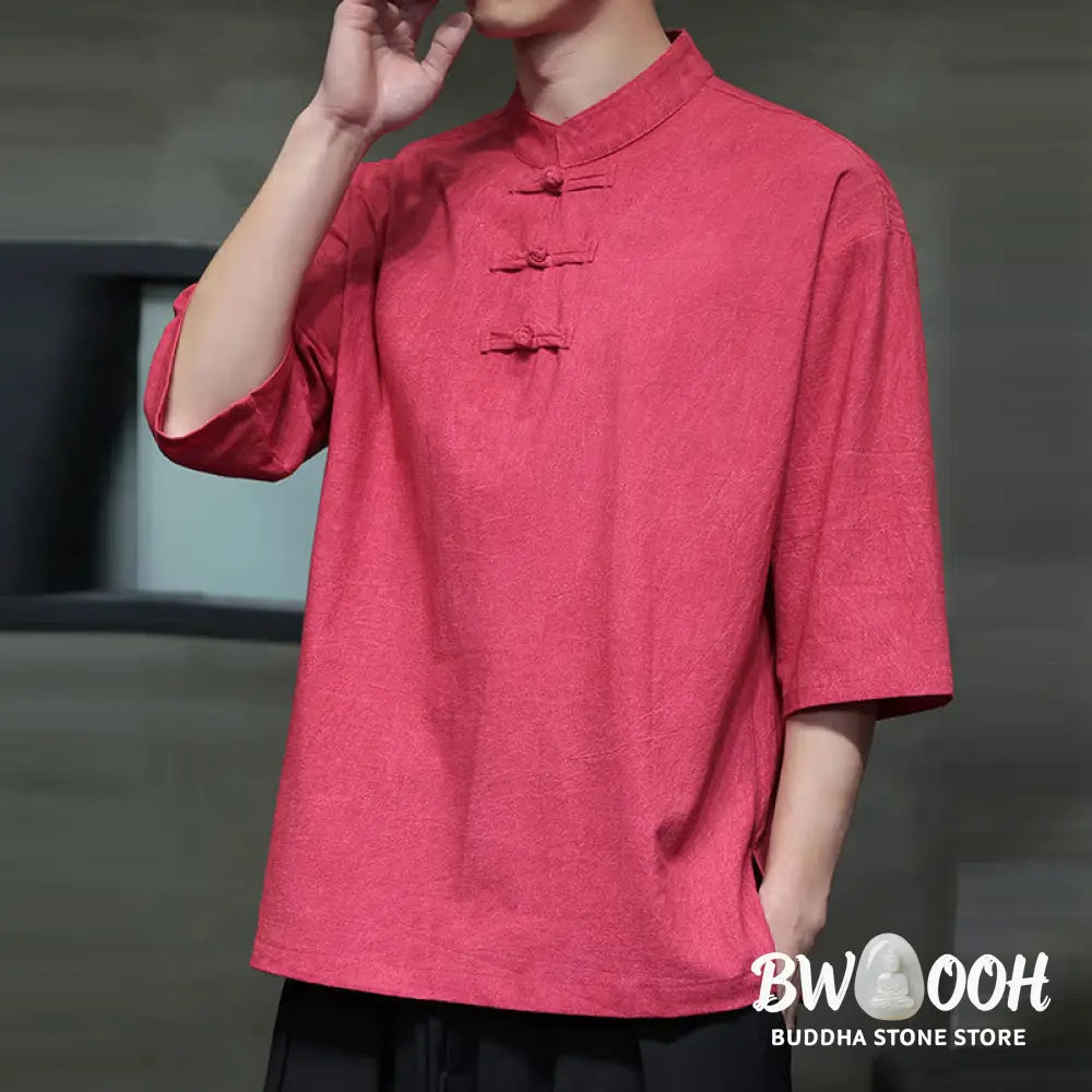 Buddha Stones Men’s Chinese Frog-Button Tang Suit Half Sleeve Cotton Linen Shirt - Men’s Shirts