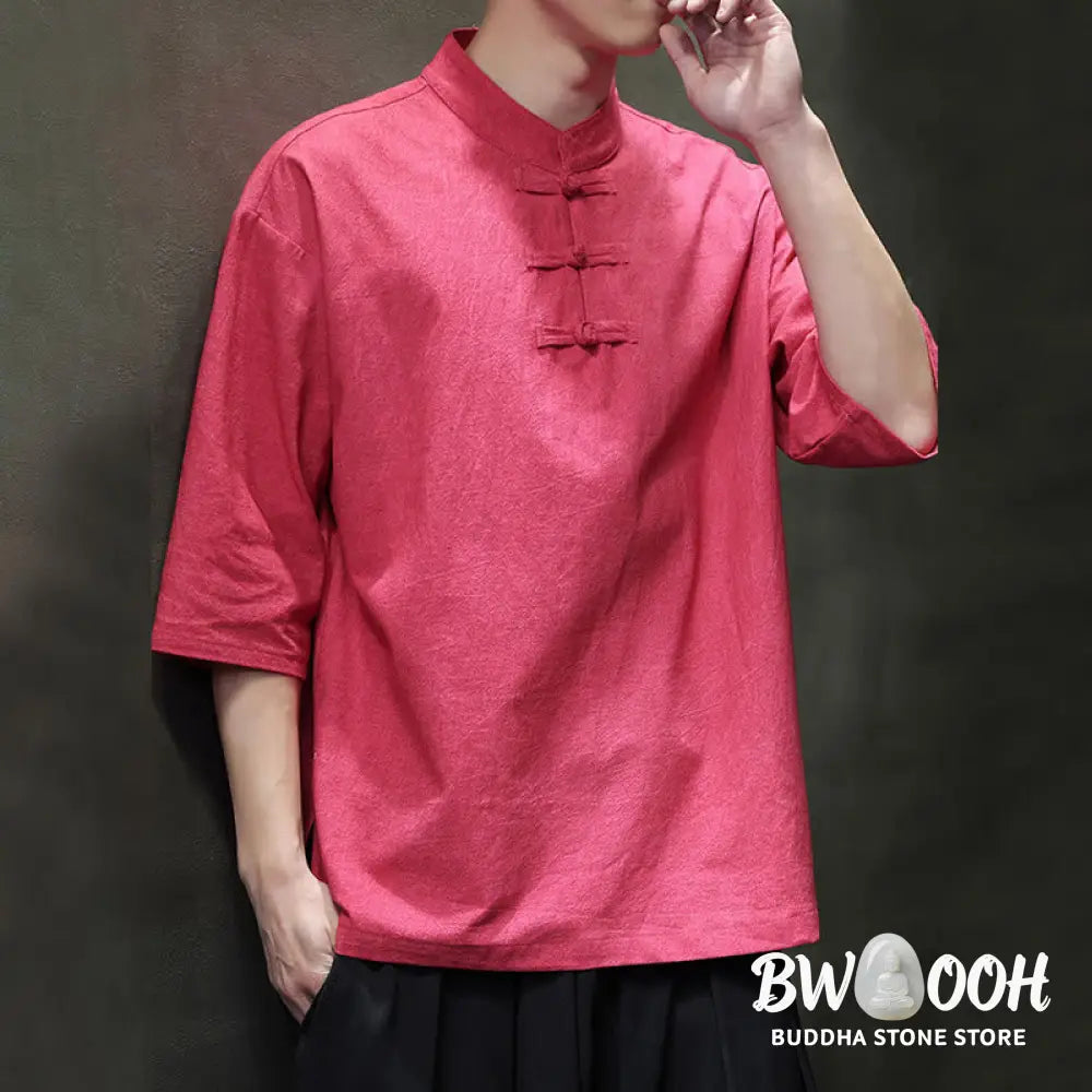 Buddha Stones Men’s Chinese Frog-Button Tang Suit Half Sleeve Cotton Linen Shirt - Men’s Shirts