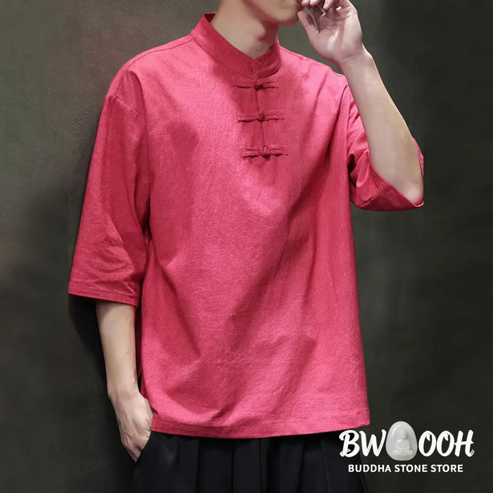 Buddha Stones Men’s Chinese Frog-Button Tang Suit Half Sleeve Cotton Linen Shirt - Men’s Shirts