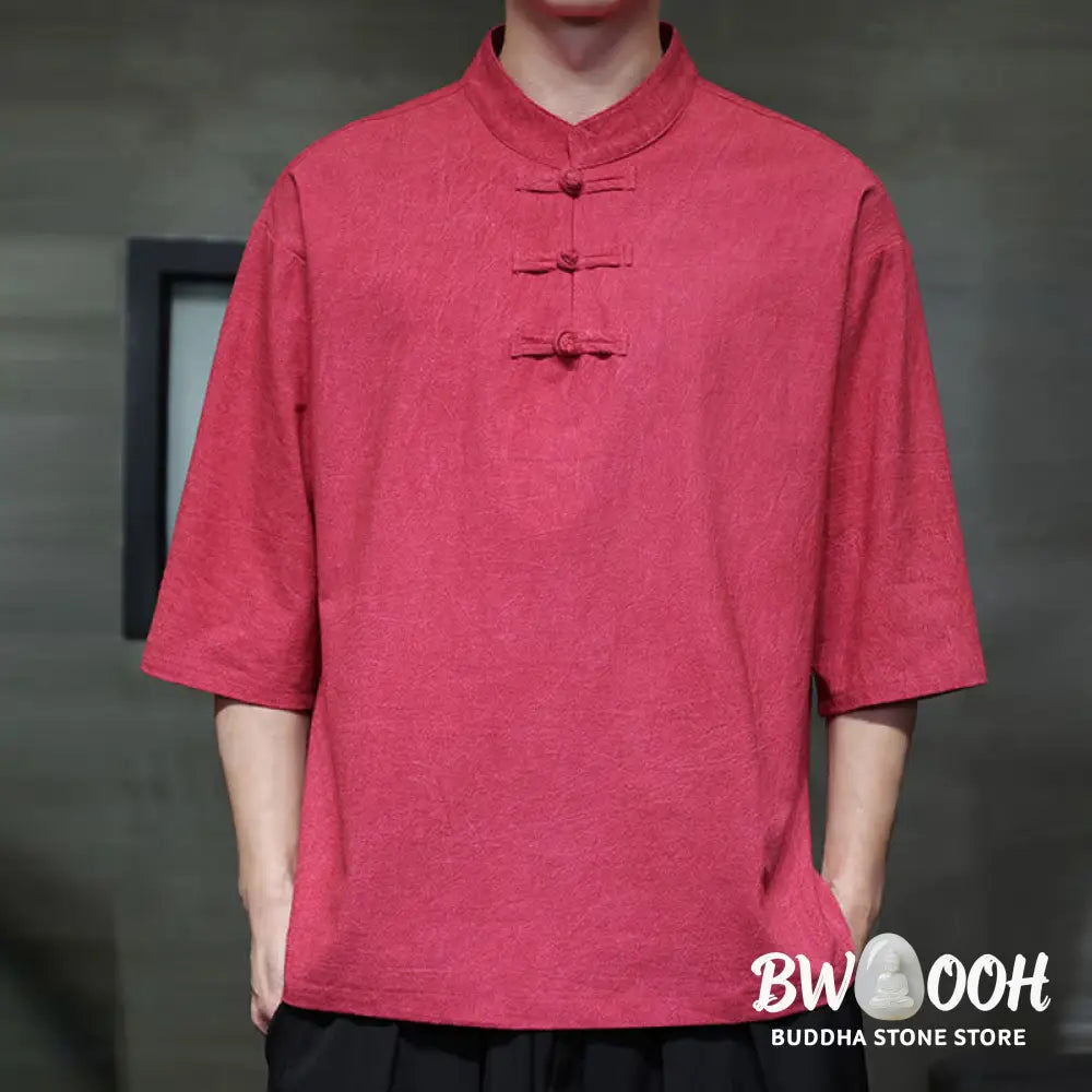 Buddha Stones Men’s Chinese Frog-Button Tang Suit Half Sleeve Cotton Linen Shirt - Men’s Shirts