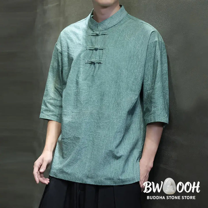 Buddha Stones Men’s Chinese Frog-Button Tang Suit Half Sleeve Cotton Linen Shirt - Men’s Shirts