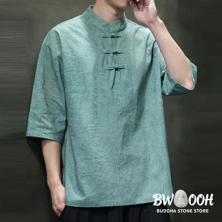 Buddha Stones Men’s Chinese Frog-Button Tang Suit Half Sleeve Cotton Linen Shirt - Men’s Shirts