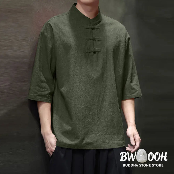 Buddha Stones Men’s Chinese Frog-Button Tang Suit Half Sleeve Cotton Linen Shirt - Men’s Shirts