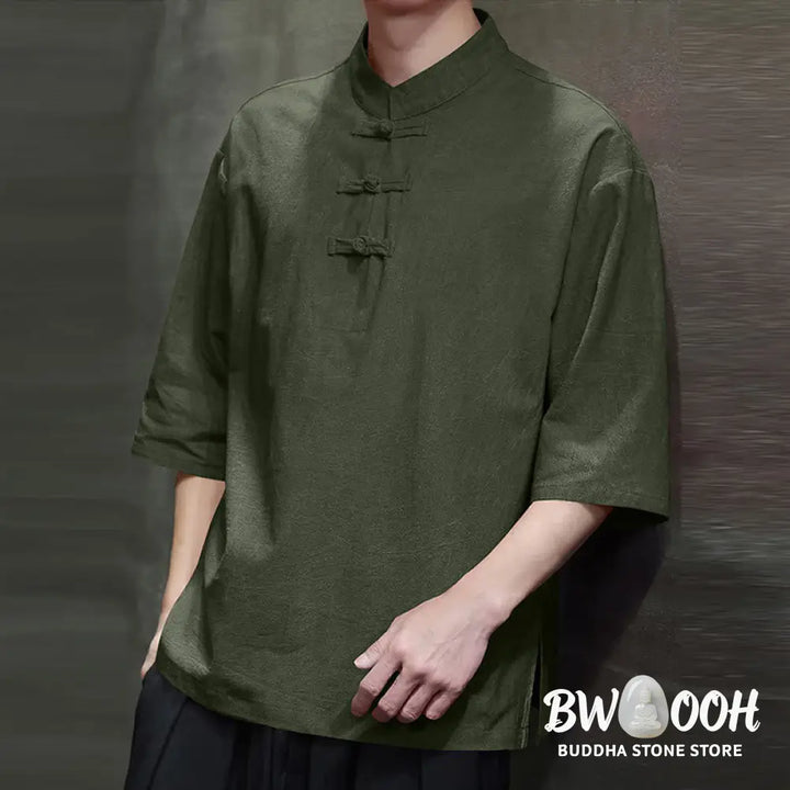 Buddha Stones Men’s Chinese Frog-Button Tang Suit Half Sleeve Cotton Linen Shirt - Men’s Shirts