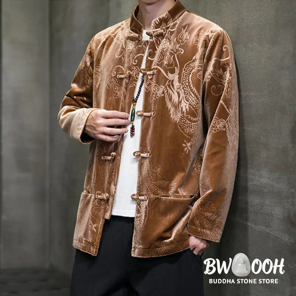 Buddha Stones Men’s Frog-button Tang Suit Dragon Pattern Lisvelte Cotton Jacket Shirt With Pockets - Men’s Jacket Shirt