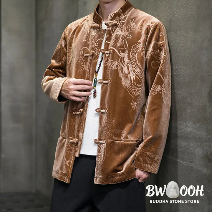Buddha Stones Men’s Frog-button Tang Suit Dragon Pattern Lisvelte Cotton Jacket Shirt With Pockets - Men’s Jacket Shirt