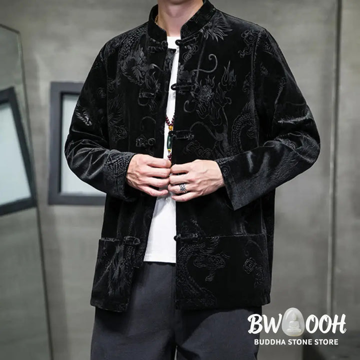 Buddha Stones Men’s Frog-button Tang Suit Dragon Pattern Lisvelte Cotton Jacket Shirt With Pockets - Men’s Jacket Shirt