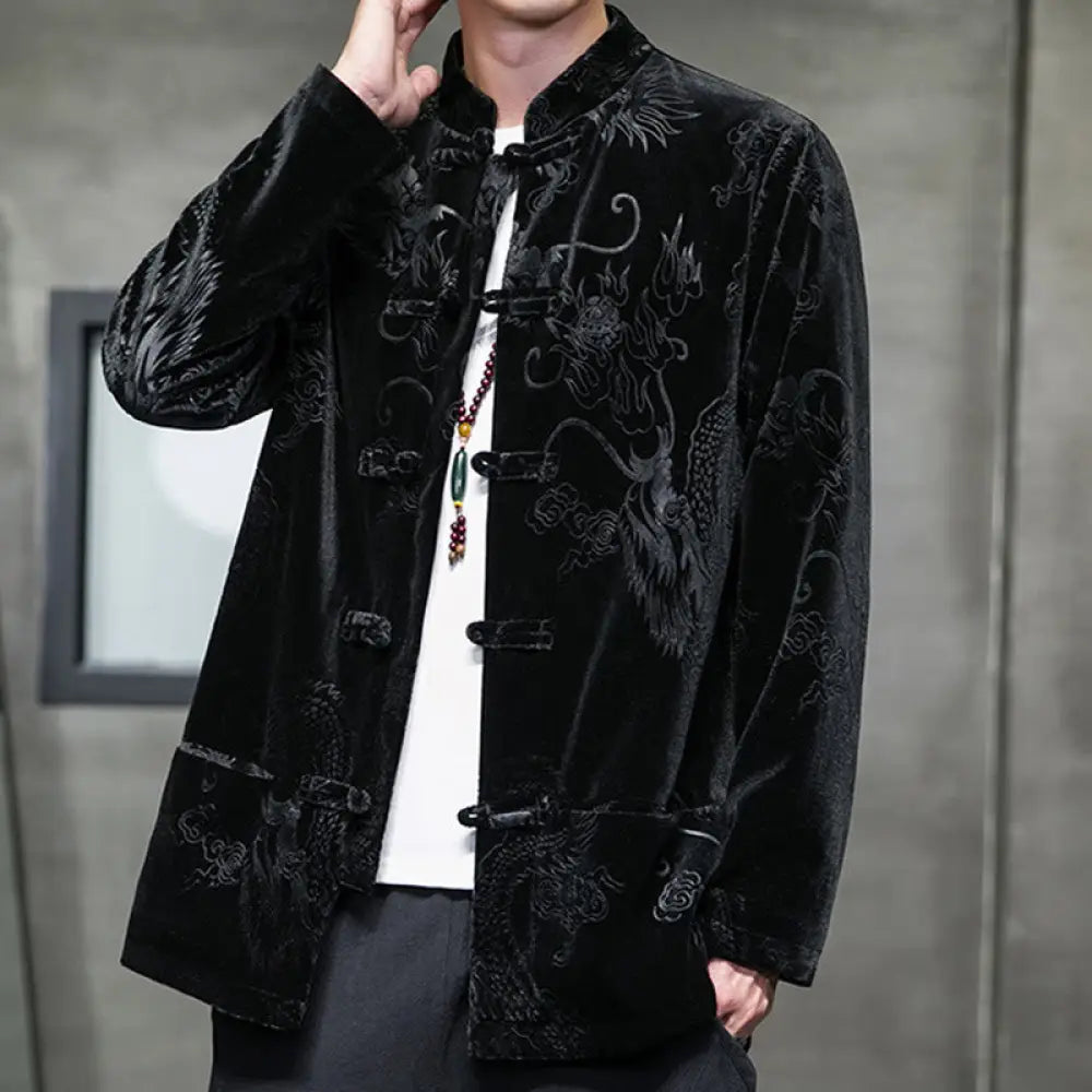 Buddha Stones Men’s Frog-button Tang Suit Dragon Pattern Lisvelte Cotton Jacket Shirt With Pockets - Black