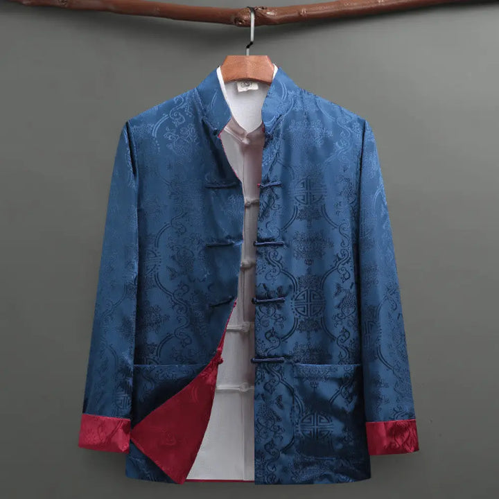 Buddha Stones Men’s Frog-Button Tang Suit Koi Fish Pattern Long Sleeve Jacket Shirt With Pockets - CornflowerBlue