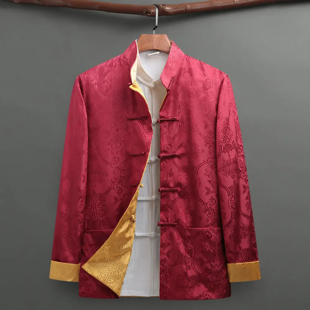 Buddha Stones Men’s Frog-Button Tang Suit Koi Fish Pattern Long Sleeve Jacket Shirt With Pockets - Crimson