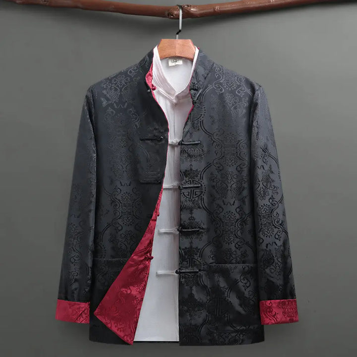 Buddha Stones Men’s Frog-Button Tang Suit Koi Fish Pattern Long Sleeve Jacket Shirt With Pockets - DarkGray