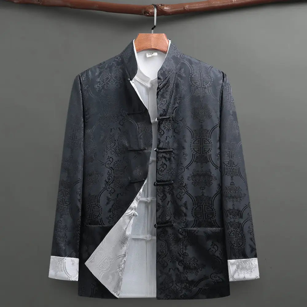 Buddha Stones Men’s Frog-Button Tang Suit Koi Fish Pattern Long Sleeve Jacket Shirt With Pockets - Gray