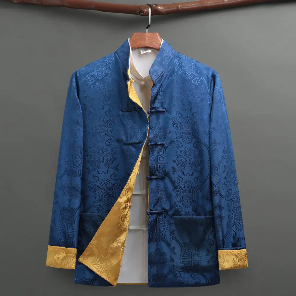 Buddha Stones Men’s Frog-Button Tang Suit Koi Fish Pattern Long Sleeve Jacket Shirt With Pockets - RoyalBlue