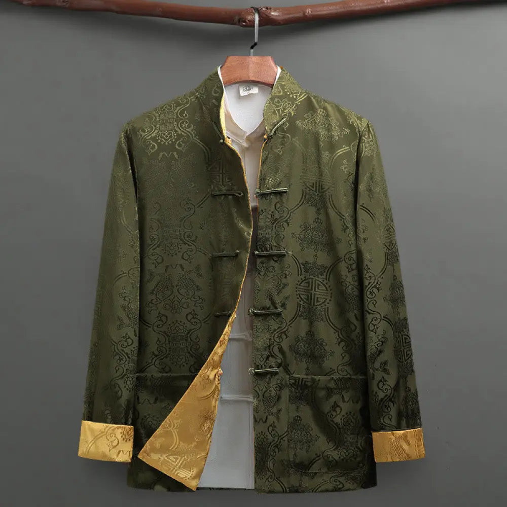 Buddha Stones Men’s Frog-Button Tang Suit Koi Fish Pattern Long Sleeve Jacket Shirt With Pockets - YellowGreen
