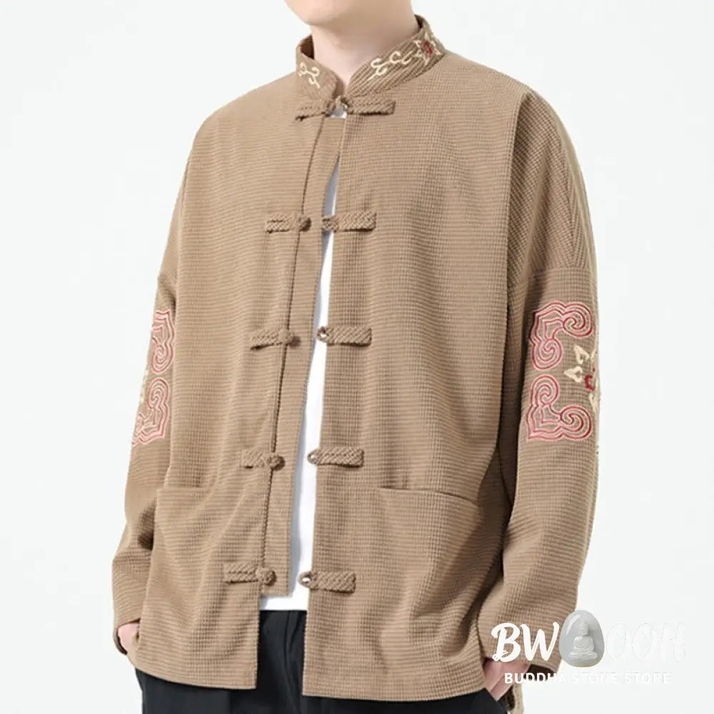Buddha Stones Men’s Frog-button Tang Suit Symmetrical Embroidery Cotton Corduroy Jacket Shirt With Pockets - Men’s