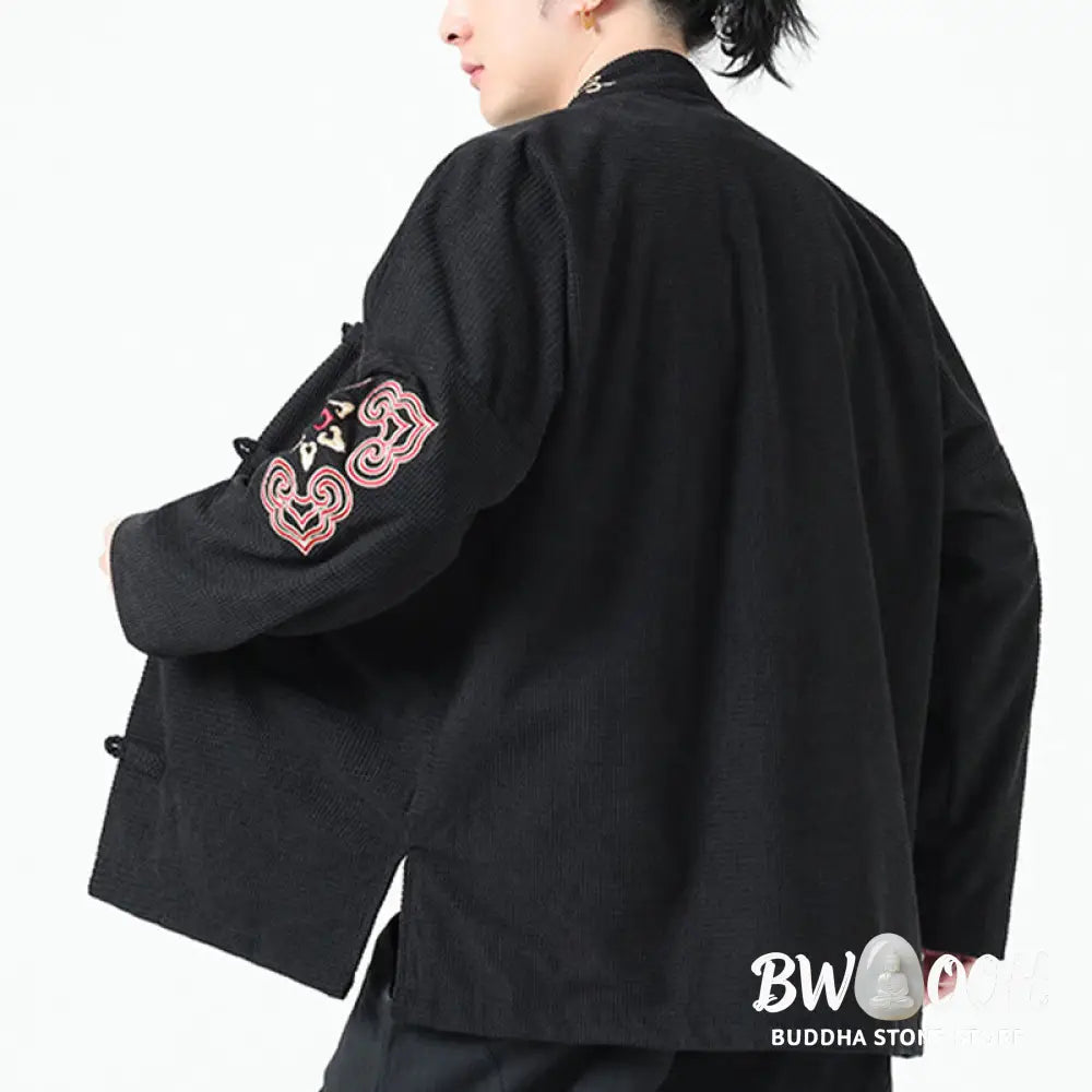 Buddha Stones Men’s Frog-button Tang Suit Symmetrical Embroidery Cotton Corduroy Jacket Shirt With Pockets - Men’s