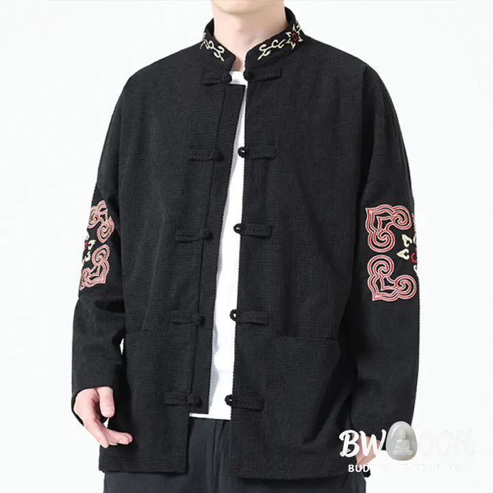 Buddha Stones Men’s Frog-button Tang Suit Symmetrical Embroidery Cotton Corduroy Jacket Shirt With Pockets - Men’s