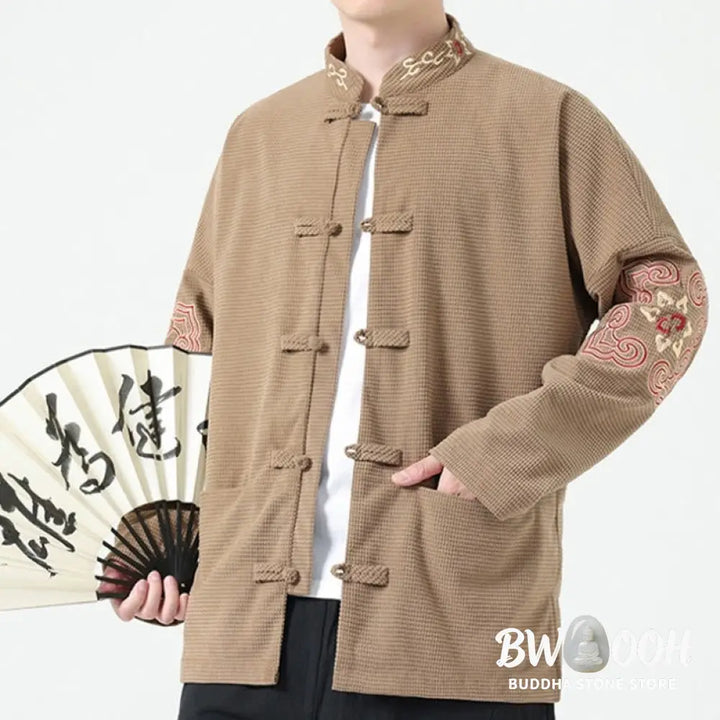 Buddha Stones Men’s Frog-button Tang Suit Symmetrical Embroidery Cotton Corduroy Jacket Shirt With Pockets - Men’s