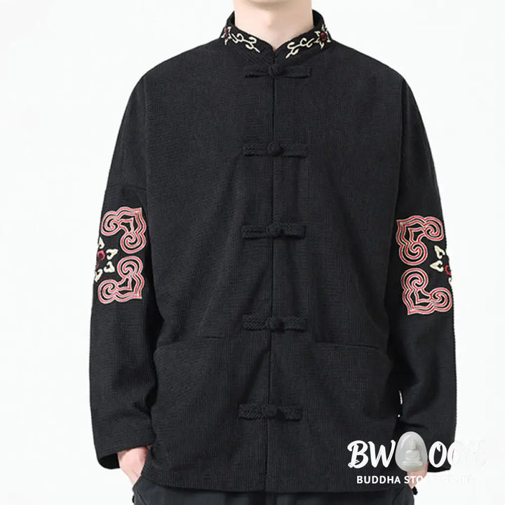 Buddha Stones Men’s Frog-button Tang Suit Symmetrical Embroidery Cotton Corduroy Jacket Shirt With Pockets - Men’s