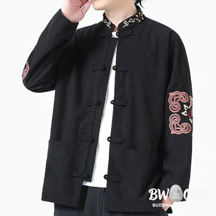 Buddha Stones Men’s Frog-button Tang Suit Symmetrical Embroidery Cotton Corduroy Jacket Shirt With Pockets - Men’s