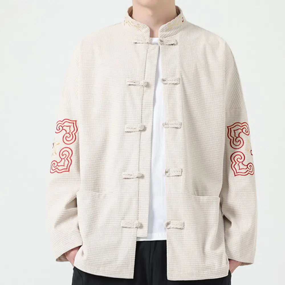 Buddha Stones Men’s Frog-button Tang Suit Symmetrical Embroidery Cotton Corduroy Jacket Shirt With Pockets - Beige