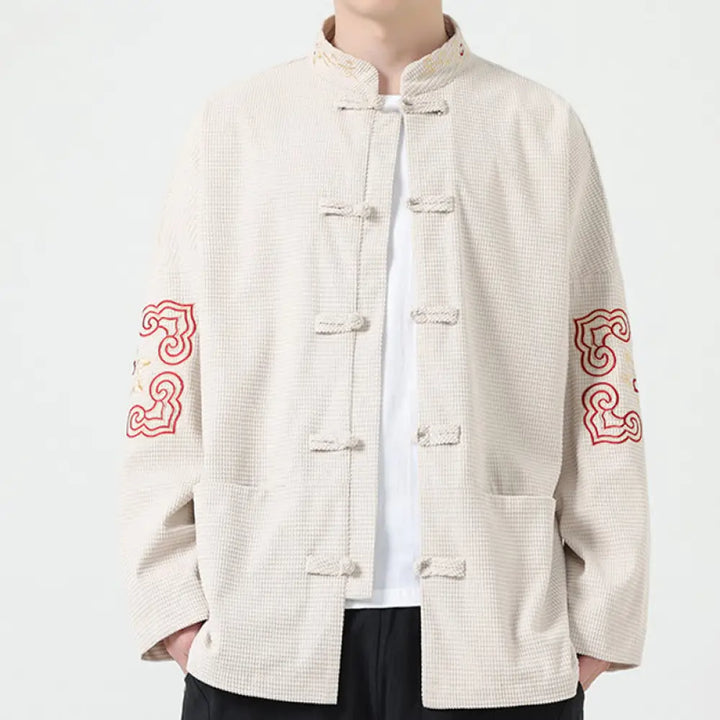 Buddha Stones Men’s Frog-button Tang Suit Symmetrical Embroidery Cotton Corduroy Jacket Shirt With Pockets - Beige